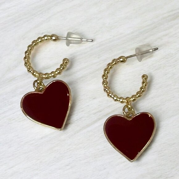 Chic Gold & Burgundy Heart Hoop Earrings - Picture 1 of 5
